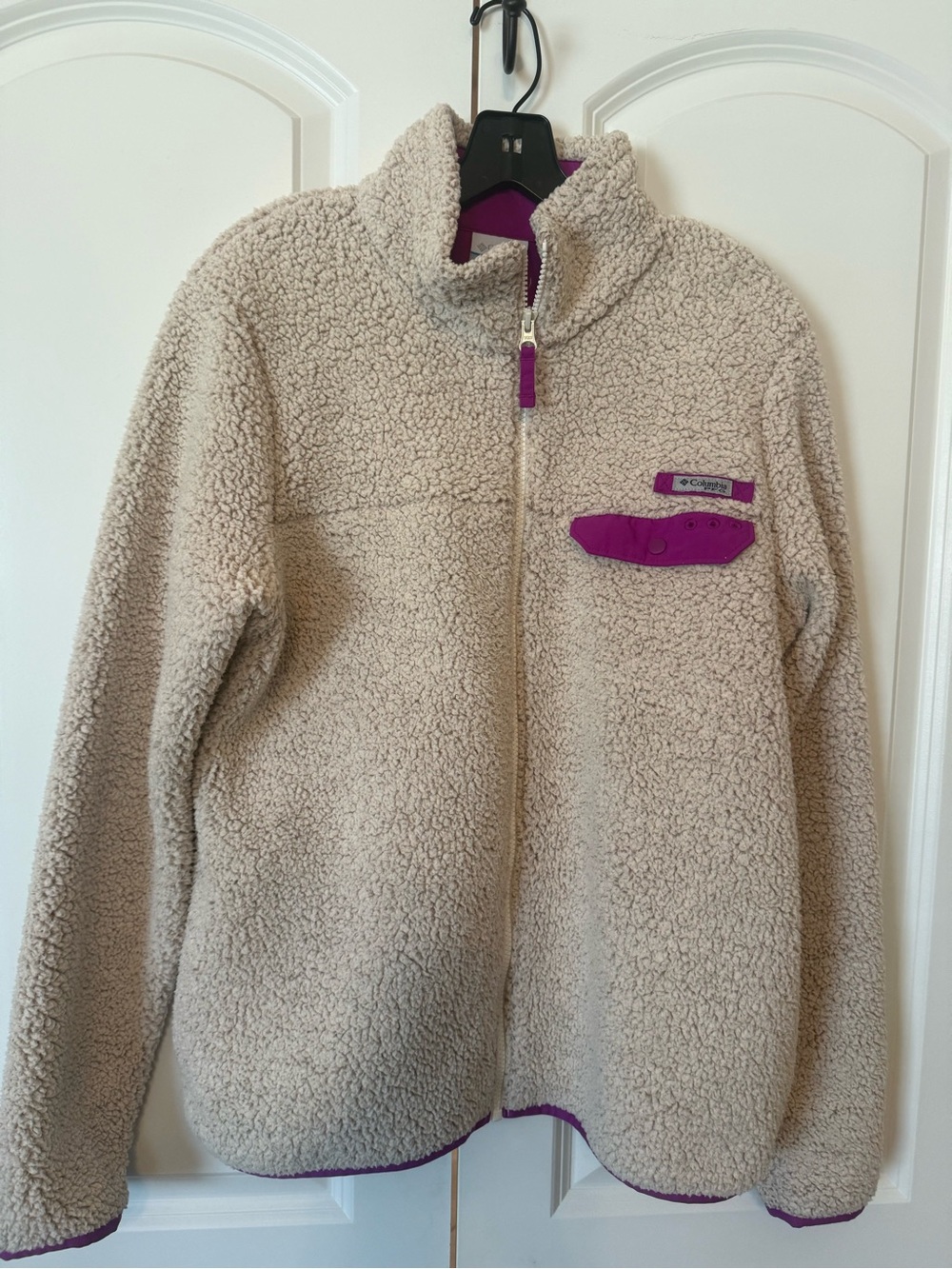 Columbia Cream Sherpa Jacket with Purple Accent Trim
